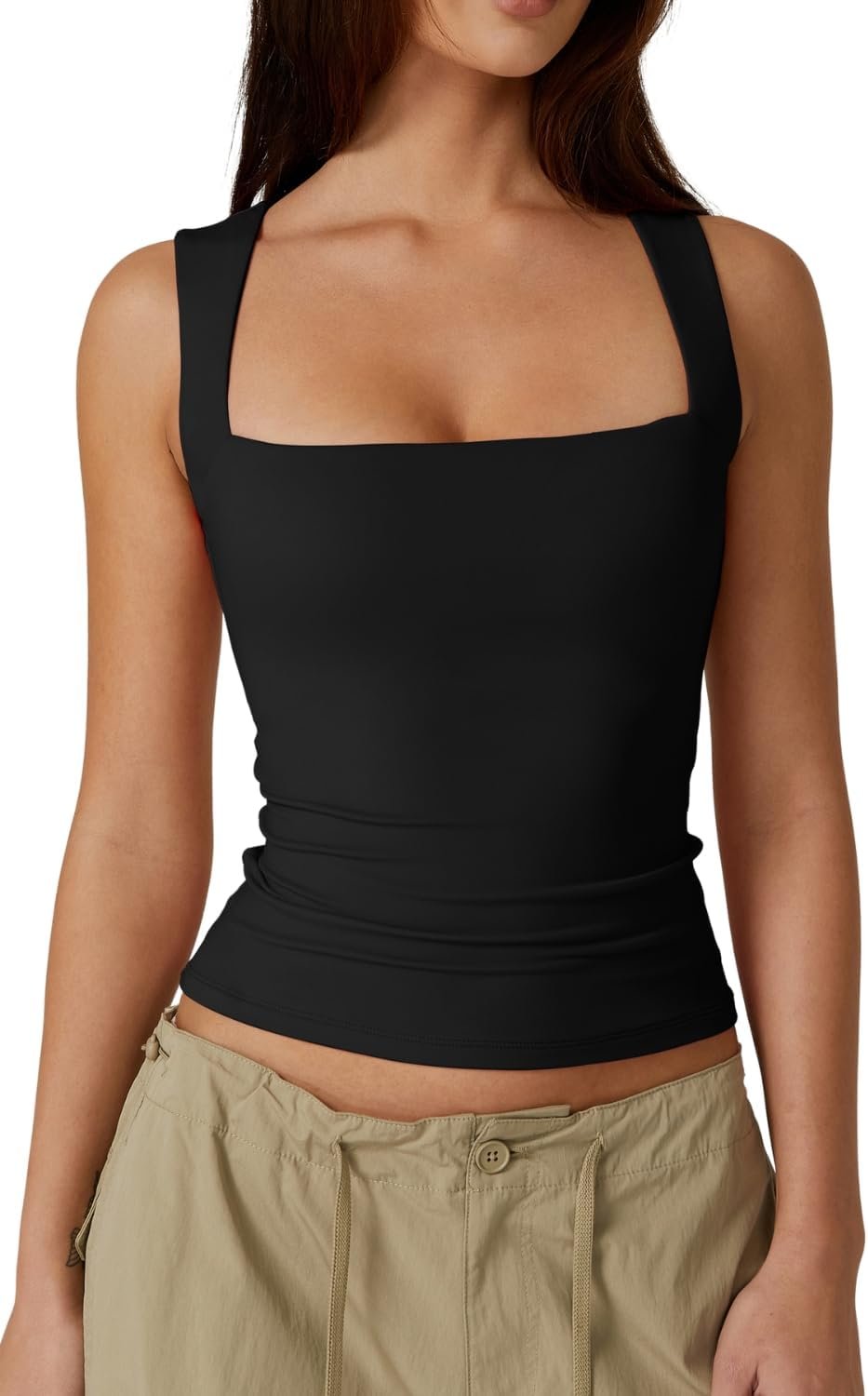 QINSEN Women’s Square Neck Sleeveless Double-Layer Tank Tops Basic Tight T Shirts