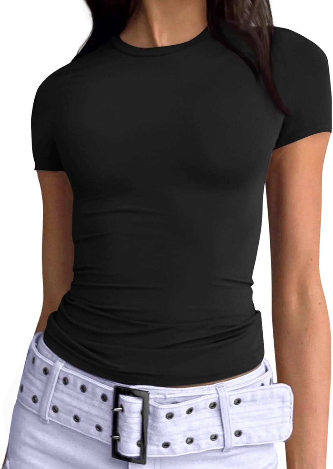 Trendy Queen Womens Basic T Shirts Summer Outfits 2025 Scoop Neck Short Sleeve Crop Tops Slim Fit Tees Y2k Clothing