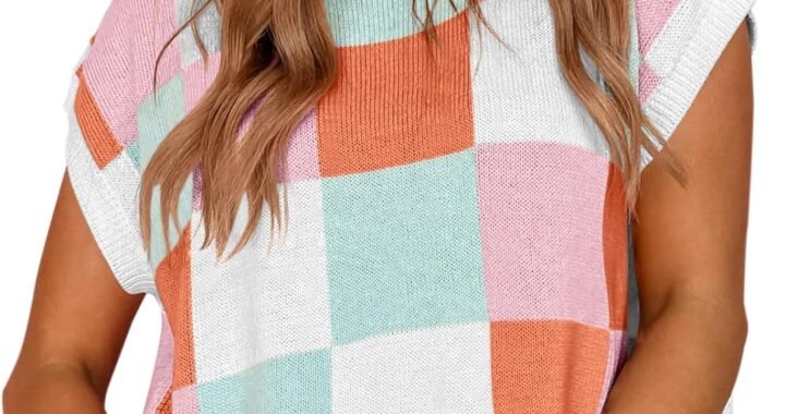 Saodimallsu Womens Cap Sleeve Crop Tops Summer Color Block Going Out Crew Neck Knit Trendy Casual Sweater